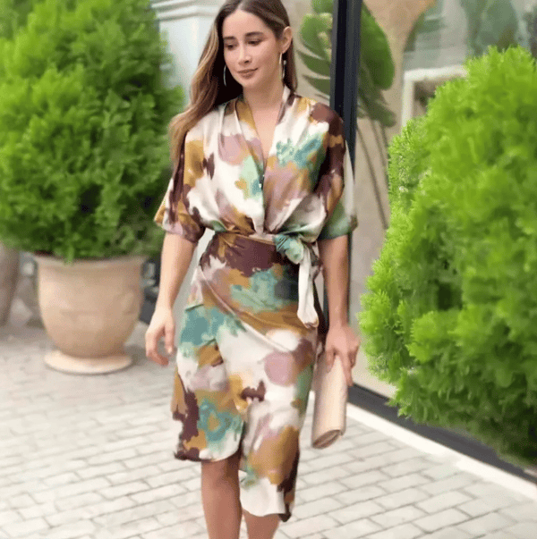 Elegant abstract print satin dress, women's wrap dress