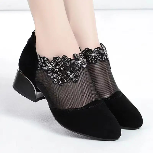 Women's Mesh Block Flower Rhinestone Fashion Back Zipper Sandals